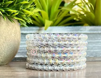 Wholesale 6 Pcs Angel Aura Quartz 6mm 7.5” Crystal Stretch Bracelet • $18