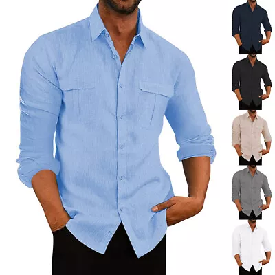 Men Cotton Linen Shirts Tops Long Sleeve Casual Button Down Blouse T Shirt M-3XL • $19.99