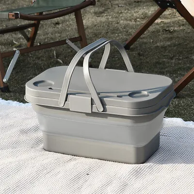 Large Collapsible Folding Picnic Basket With Table Lip&Handle Camping Fishing • £11.95