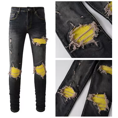 New Pop Style Yellow Patchwork Men's Pants Rips Skinny Black Denim Jeans AM1035A • $58.15