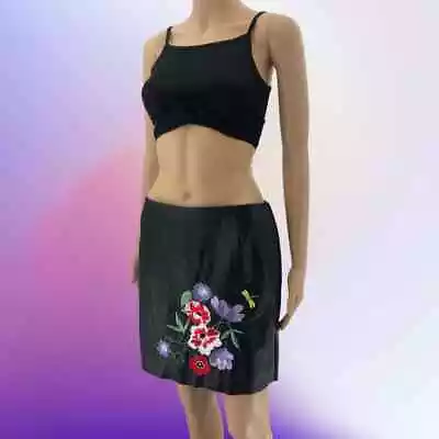 H&M Size US 10 Black Faux Leather Floral Embroidered Mini Raw Hem Biker Skirt  • $20