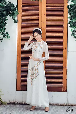 Ao Dai XL Ren Trắng Đính Kết Double Layer- Ngực 92cm Eo 82 Cm Pants Included • $40