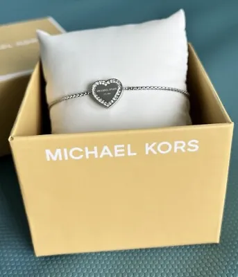 Nwt Michael Kors Silver-tone Brass Crystal Heart Slider Bracelet Msrp $109 $ • $42