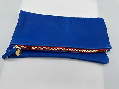 Clare Vivier Foldover Cobalt Blue Distressed Leather Pouch Purse Zip Top Clutch • $49.99