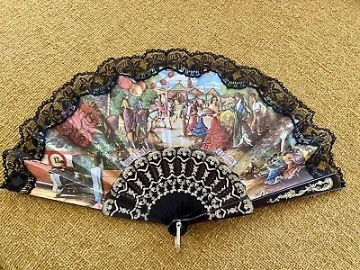 Vtg Spanish Souvenir Folding Hand Fan Black Lace Toreador Matador One Sided • $5.92