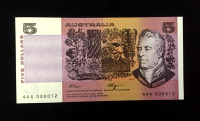 $95 • Buy 1990 $5 FRASER-HIGGINGS SOLID LOW NUMBER NOTE..QDG-000012...aUNC
