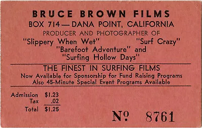 2 - Bruce Brown Films - 1961 Surf  Movie Ticket Stubs RED & BROWN • $27.77