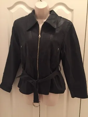 Womens Oakwood 100% Black Belted Leather Coat Jacket Size S Small • £144.76