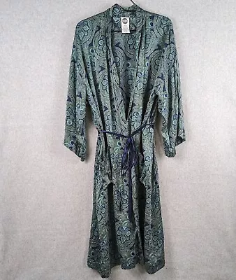 Reckless 100% Silk Robe Paisley Print One Size Men’s Or Women’s Green Blue Read • $45.99