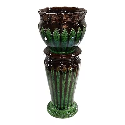 Weller Blended Majolica 1900s Art Pottery Brown Green Jardiniere Pedestal • $517.50