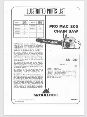 McCulloch Pro Mac 800 ChainSaw Illustrated Parts List 1980 Exploded Views 9 Pgs • $6.99