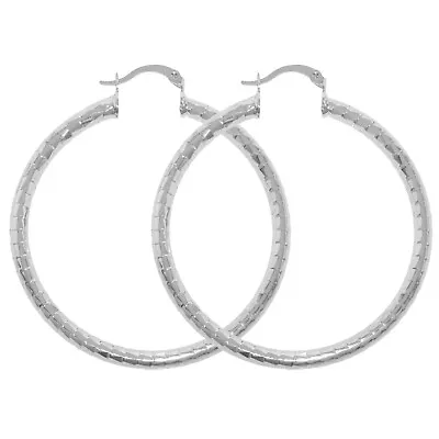 Women's Silver Finish Medium Round 4mm Diamond Cutting Hoop Earrings 50mm • $11.95