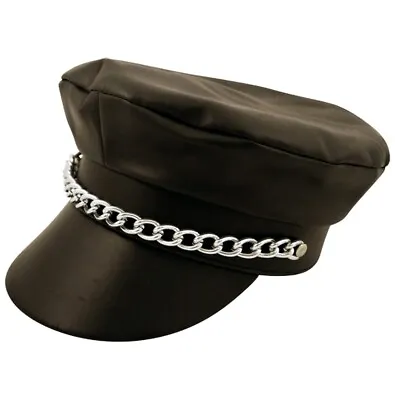 Adults Black Biker Hat With Chain Punk Leather Cap Line Look Fancy Dress • £5.69