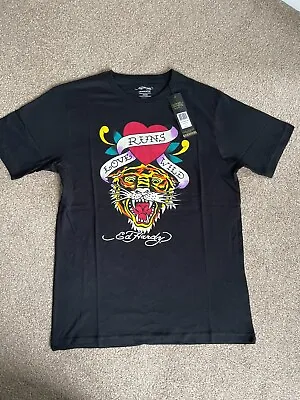 Men's Black Ed Hardy Love Runs Wild Tiger Print T-Shirt Size Medium 100% Cotton • £24.99