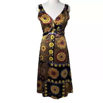 Events Silk Dress Womens 6 Brown Multi Geo Floral Sleeveless A-line Maxi V-neck • $24.99