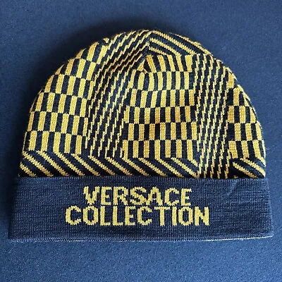 Gianni Versace Collection Beanie Winter Hat Black Yellow Gold Geometric Pattern • $85