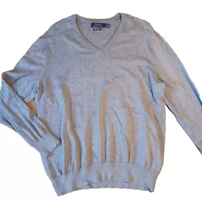 Polo Ralph Lauren Pullover Mens Large Gray V Neck Sweater Pima Cotton • $18.43