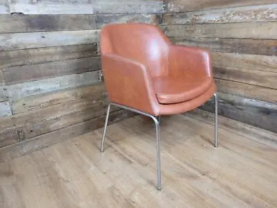 Mid Century Faux Tan Leather And Chrome Tub Bucket Chair Danish Influenced • £160