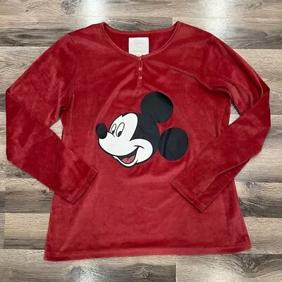 Disney Mickey Mouse Women’s 14/L Red Fuzzy/Fleece Button Crewneck Sweater • $11.48