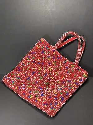 Vintage 1970s Red Candy Dot Beaded Purse Mod Go Go Tote Bag Retro Pop Art • $12.95