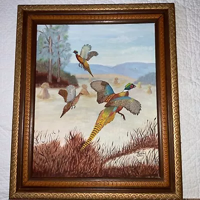 VINTAGE 70s Original Hand Painted PAINTING Birds Hunting Pheasants By Jobe • $152