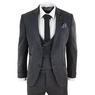 Mens Wool 3 Piece Grey Suit Double Breast Waistcoat Tweed Classic • $146.89