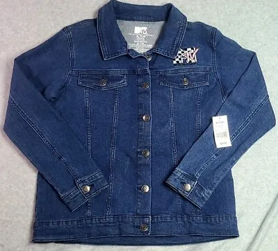 MTV Denim Jacket Logo XL Youth Plus Dark Button-up Jean Jacket Nwt Retro Style • $15.01