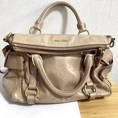 Auth Miu Miu Handbag 2way Shoulder Bag #3606 Beige Leather Bow Ribbon • $297.50