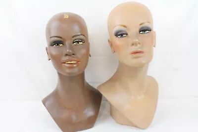 2 Vintage Fiberglass Mannequin Bust Head Wig Painted Eyes Smile Black Girl • $119.99