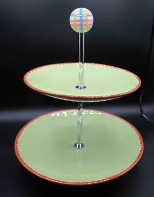 2 Tier Tidbit Serving Tray W/multicolored Ball Handle Green And Terricotta Color • $10.99