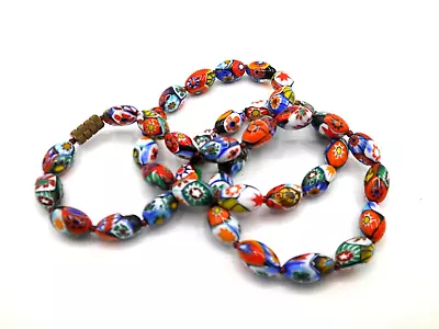 Vtg. Venetian Moretti Murrano Millefiori Oval Colorful Glass Bead Necklace 22 + • $80