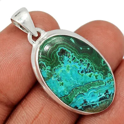 Natural Malachite In Chrysocolla - Congo 925 Silver Pendant Jewelry CP33026 • £20.89