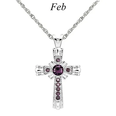 $13.99 • Buy Forever Silver Austrian Crystal Birthstone Cross Necklace 15 - 18  Adj Chain FEB