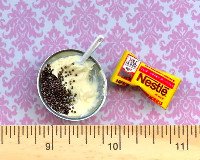 Dollhouse Mini Size Bowl Of Batter With Chocolate Chips Being Stirred Up & Bag • $9.85