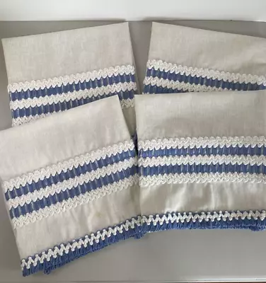 Vintage Sears Fringed Cafe Curtains 4 Panels Rod Pocket 32  X 23  Blue Off White • $29