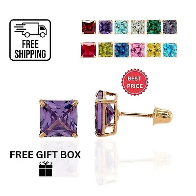 14K Solid Yellow Gold Square Princess Cut CZ Birthstone Stud Earrings All Sizes • $33.99