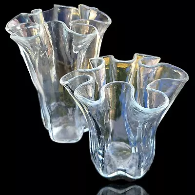 Vintage MCM Muurla  Eva  Finland Clear  Ice Handkerchief Scalloped Glass Vases 2 • $80