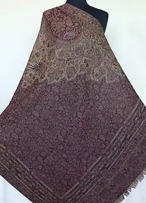 Large Wool Jamawar Paisley Shawl Burgundy & Champagne Mughal Empire Artistry • £62.69