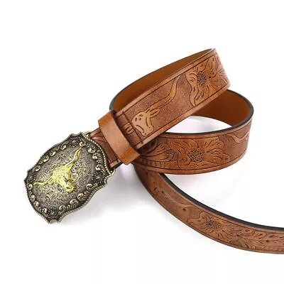 Vintage Mens Western Cowboy Belt PU Leather Waistband Fashion Buckle Belt  Mens • £7.88