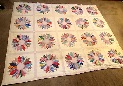 Beautiful Handmade ANtique Dresden Plate Multi Colored Quilt 80 X 66  Some Stain • $119.99