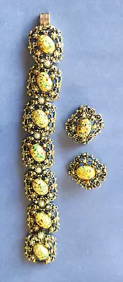 Vintage Ornate Yellow Confetti Lucite Bracelet & Earrings Set Gold Tone 7” • $29.99