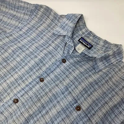 Patagonia Mens Medium Button Up Shirt Short Sleeve Gray Blue Check Hemp Blend • $25.26