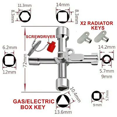 £3.99 • Buy 4 Way Utility Key Radiator Key Triangle Key  Stop Cock Key + 2 Radiator Keys