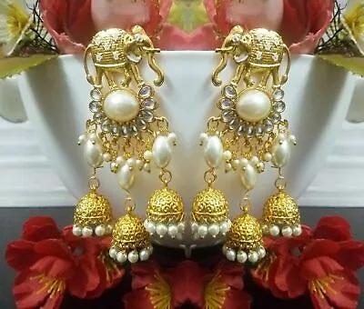 $22 • Buy Indian Pearls Earrings Pierced Bahubali Kundan Jhumki Gold Plated Ethnic Jewelry