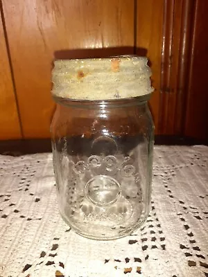 Vintage Mason Magic Button Clear Glass Canning Pint Jar W/ Ring • $5