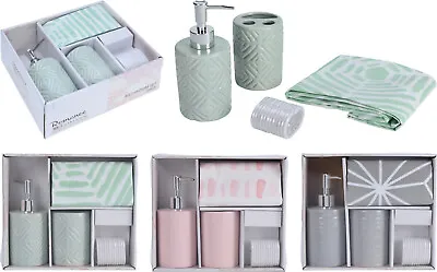 3 Piece Ceramic Bathroom Set Soap Dispenser Shower Curtain Toothbrush Holder • £11.95