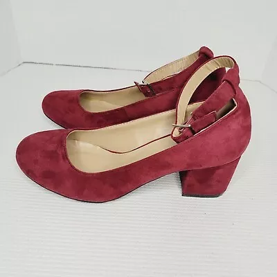 Women's Pumps Size 8 1/2 Red Burgundy Faux Suede Ankle Strap Pin-up Shoes • £14.45