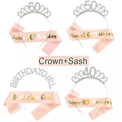 Happy Birthday Silver Tiara Headband Rose Gold Sash 40/50/60th Girls Crown Gift • £5.79