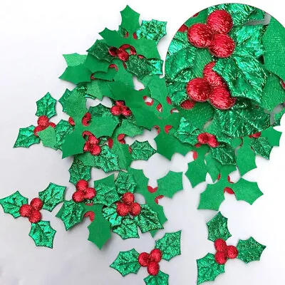 100pcs Christmas Holly Leaves Stickers Glitter Berry Leaves Tree & Wreaths Decor • £2.95