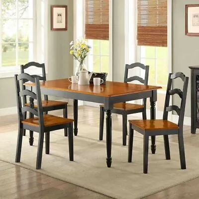 5 Piece Kitchen Dining Set Farmhouse Wood Table & 4 Chairs Black & Cherry Oak • $446.49